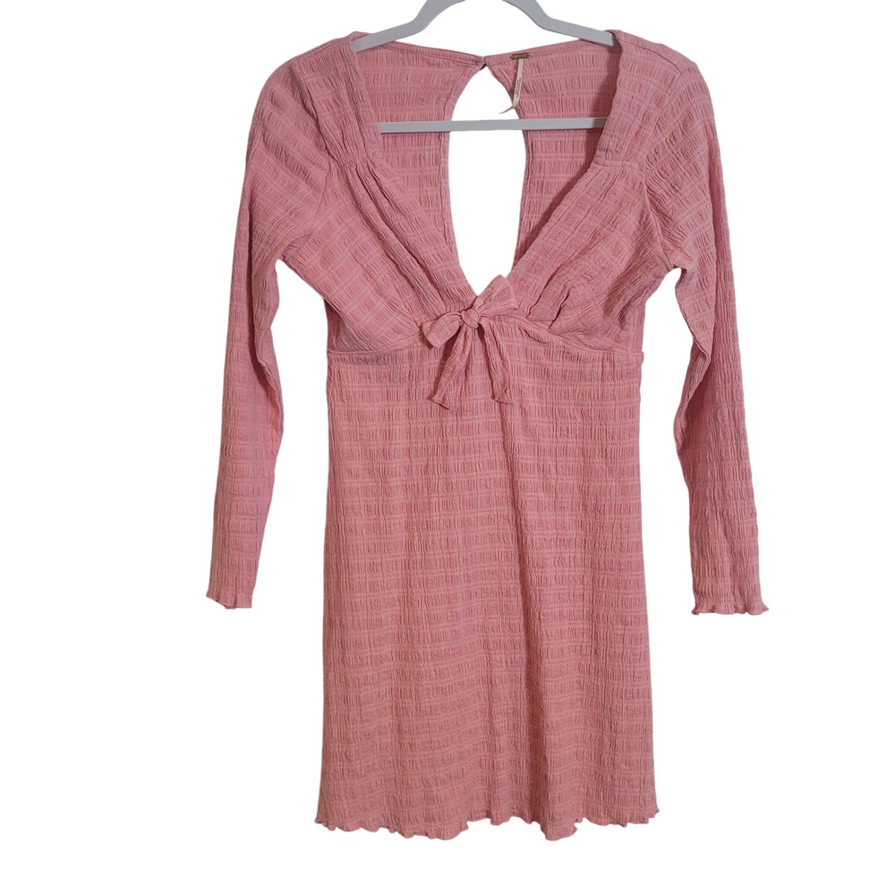 Free People Pink Smocked Tie Front Open Back Mini Dress Long Sleeve XS Coquette